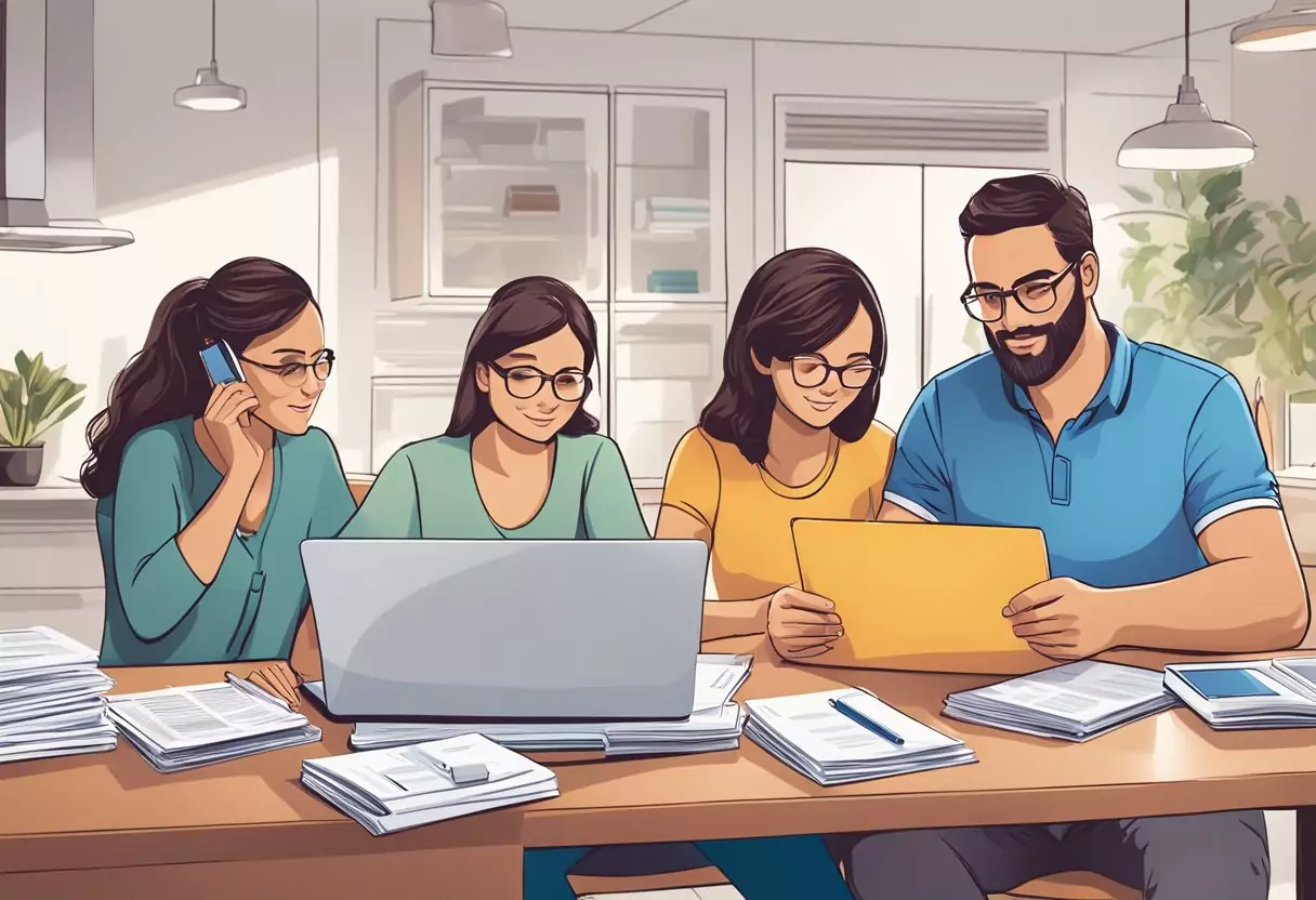 Eine Familie mit vier Personen sitzt an einem Tisch und vergleicht Broschüren von Debeka, AXA und Allianz, mit einem Stapel medizinischer Dokumente und einem Laptop in der Nähe.