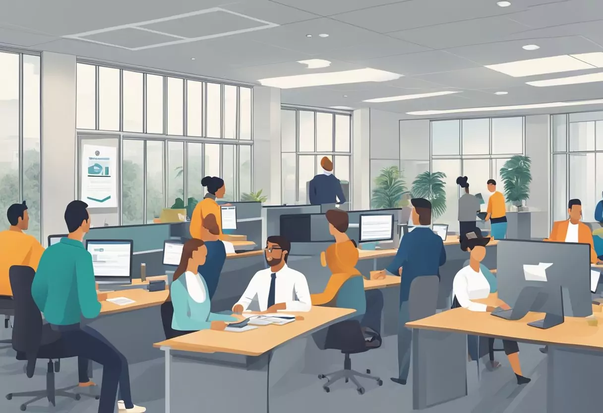 Ein geschäftiges Büro mit drei deutlich sichtbaren Logos von Versicherungsgesellschaften. Menschen warten in der Schlange, während andere schnell für eine Versicherung genehmigt werden.