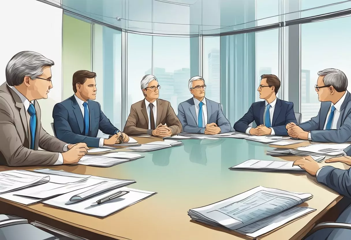 Ein Vorstandstreffen mit Führungskräften, die Finanzberichte und Versicherungsrichtlinien besprechen.