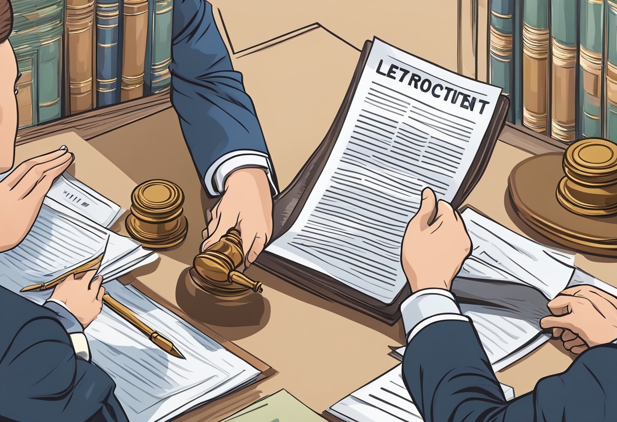 Eine Person, die rechtlichen Rat von einem Anwalt erhält, umgeben von Dokumenten und einem rechtlichen Vertrag, mit einem Schutzschild, das rückwirkenden rechtlichen Schutz symbolisiert.