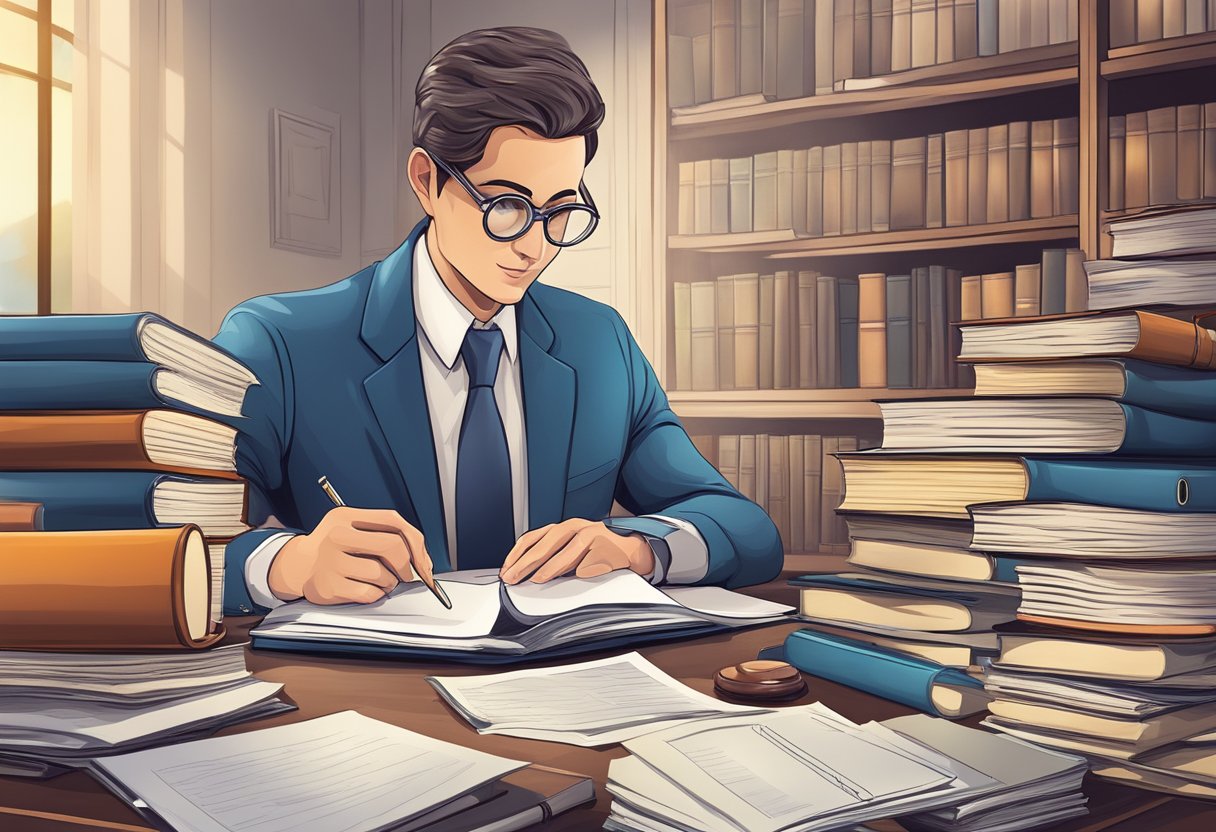 Ein Anwalt, der Dokumente mit einer Lupe überprüft, umgeben von juristischen Büchern und Unterlagen.