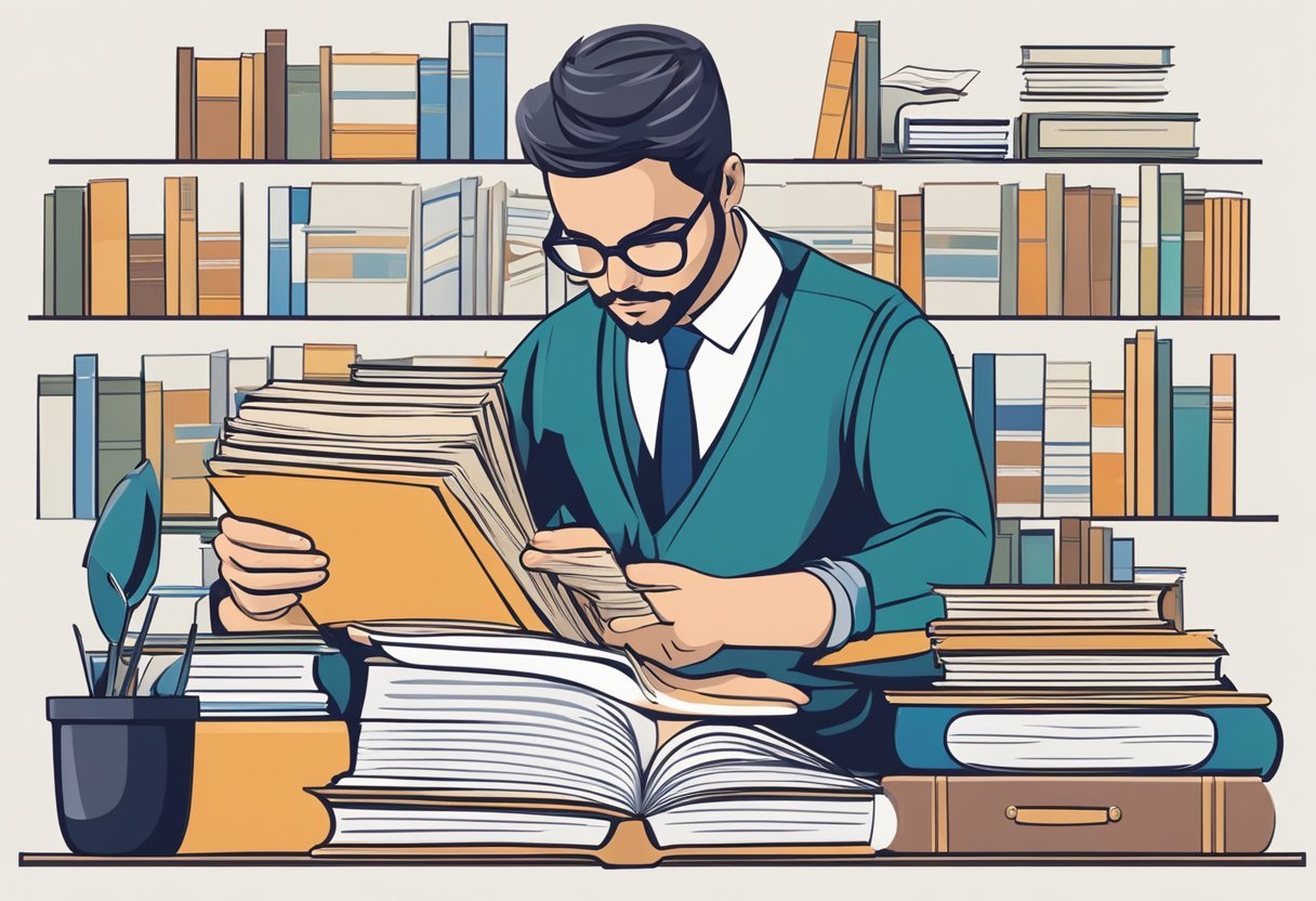 Eine Person, die ein Dokument mit einer Lupe liest, umgeben von juristischen Büchern und Papieren