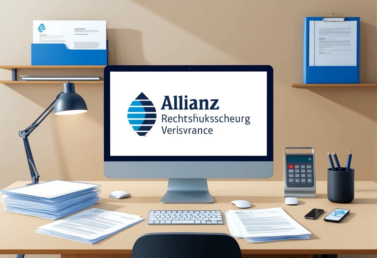 Ein Schreibtisch mit einem Computer, juristischen Dokumenten und dem Logo der Allianz Rechtsschutzversicherung auf dem Bildschirm