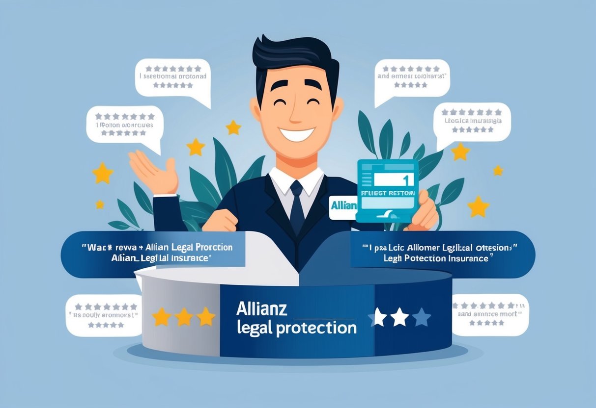 Ein Kunde, der die Rechtsschutzversicherung der Allianz mit einem zufriedenen Ausdruck überprüft, umgeben von positiven Erfahrungsberichten und Bewertungen.