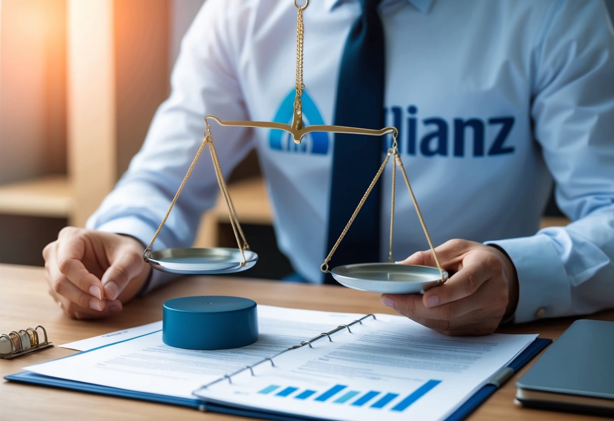 Ein Schreibtisch mit juristischen Dokumenten, einer Waage, die die Abdeckung symbolisiert, und einem Allianz-Logo im Hintergrund