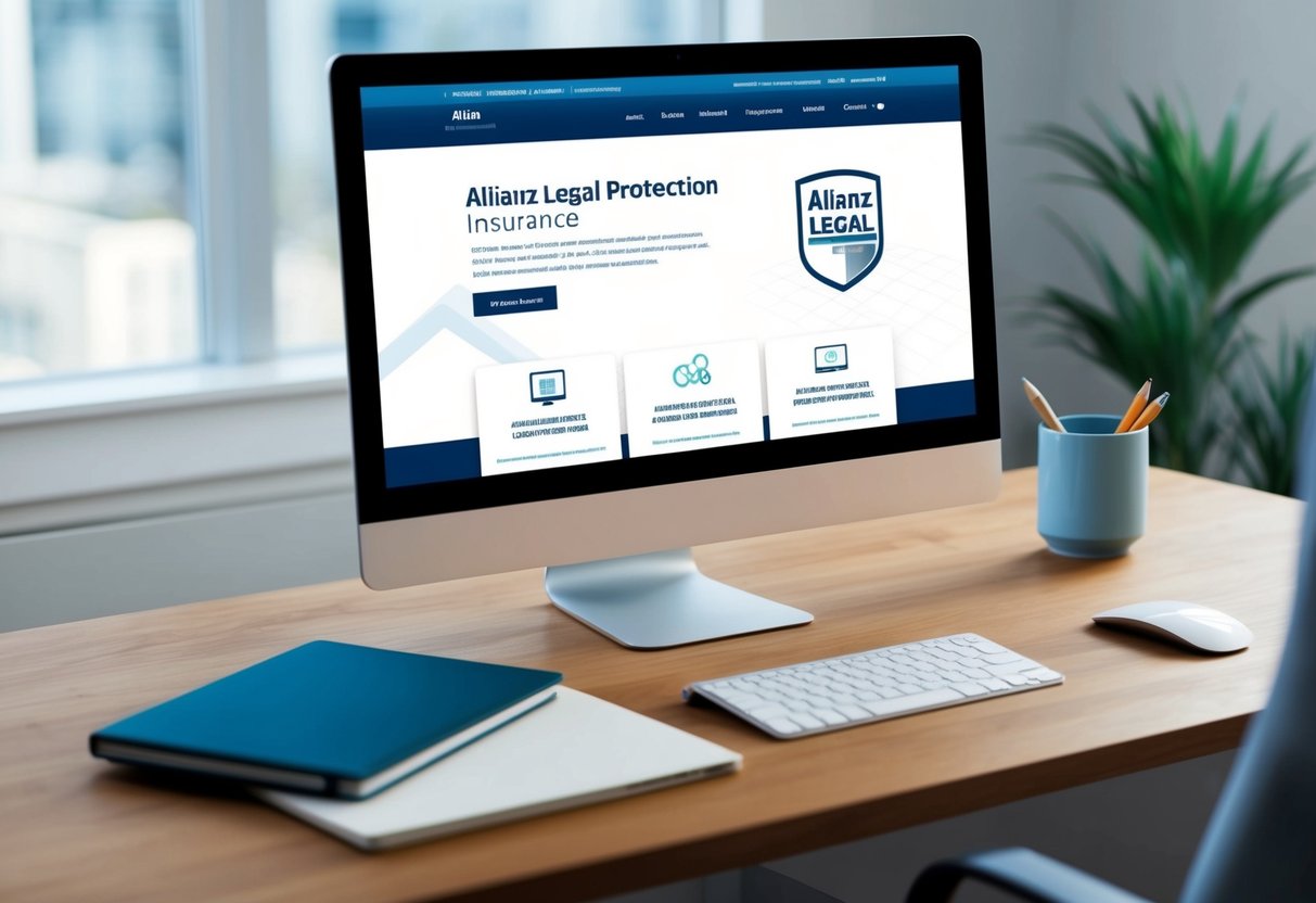 Ein Computerbildschirm, der die Website der Allianz Rechtsschutzversicherung mit einem eleganten und modernen Design anzeigt, das das Unternehmenslogo und verschiedene Online-Dienste zeigt.
