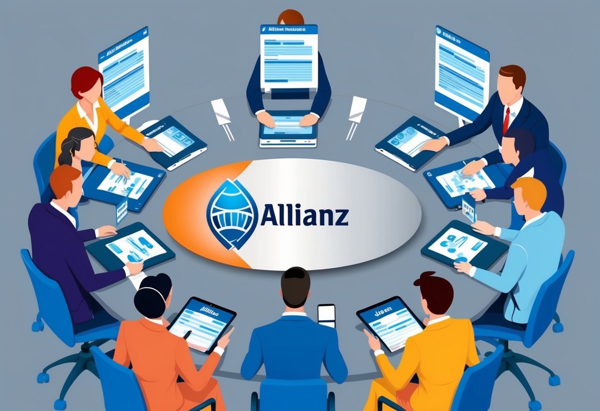 Eine Gruppe von Menschen, die verschiedene Angebote für Rechtsschutzversicherungen vergleichen, mit dem Allianz-Logo, das prominent angezeigt wird.