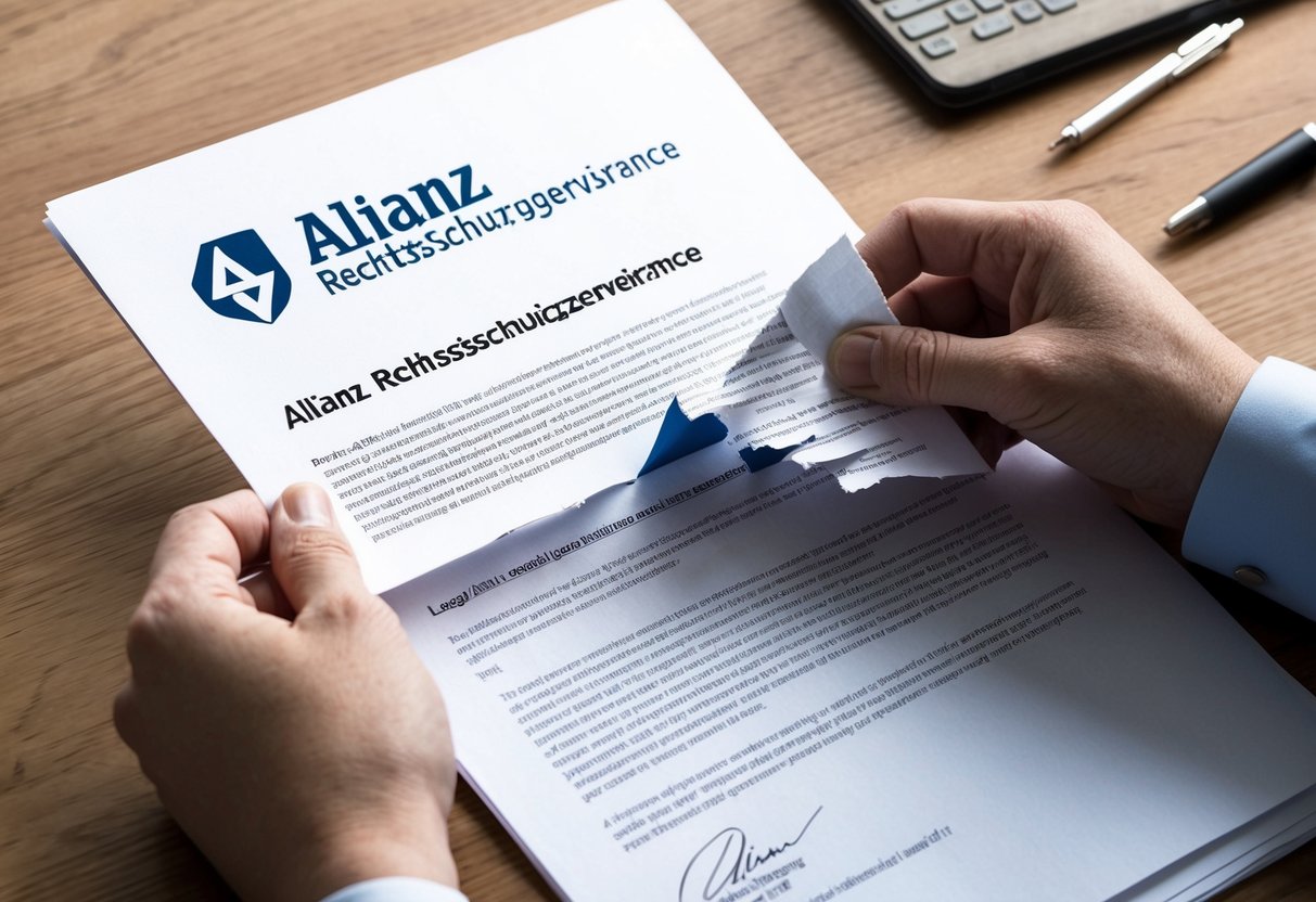 Eine Person, die ein juristisches Dokument von der Allianz Rechtsschutzversicherung zerreißt.