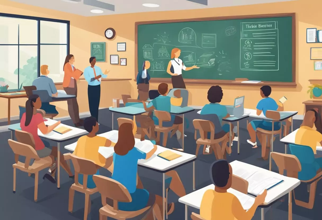 Ein Klassenzimmer voller Lehrer, Lehrbücher und Tische. Drei Versicherungslogos auf einem Tafel angezeigt. Eine Diskussion über Leistungen und Deckung im Gange.