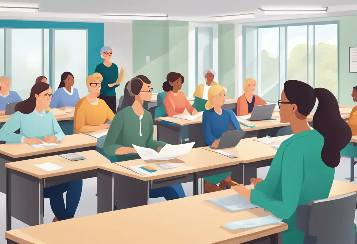 Ein Klassenzimmer voller Lehrer, die verschiedene Optionen der Berufsunfähigkeitsversicherung von Nürnberger, DEVK und Signal Iduna diskutieren und vergleichen.