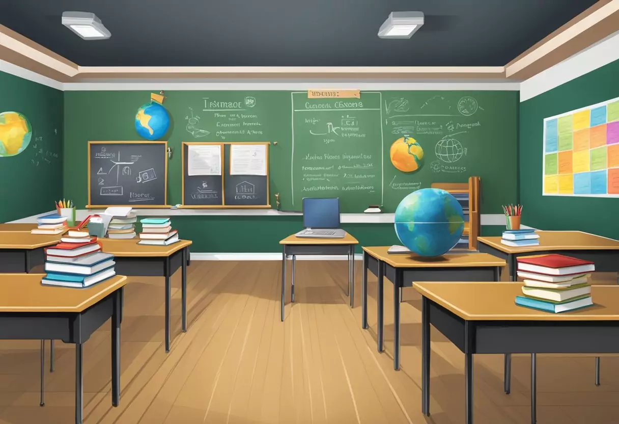 Eine Klassenzimmerszene mit drei Logos von Versicherungsgesellschaften, die auf einer Tafel angezeigt werden, umgeben von Büchern und Lehrmaterialien.