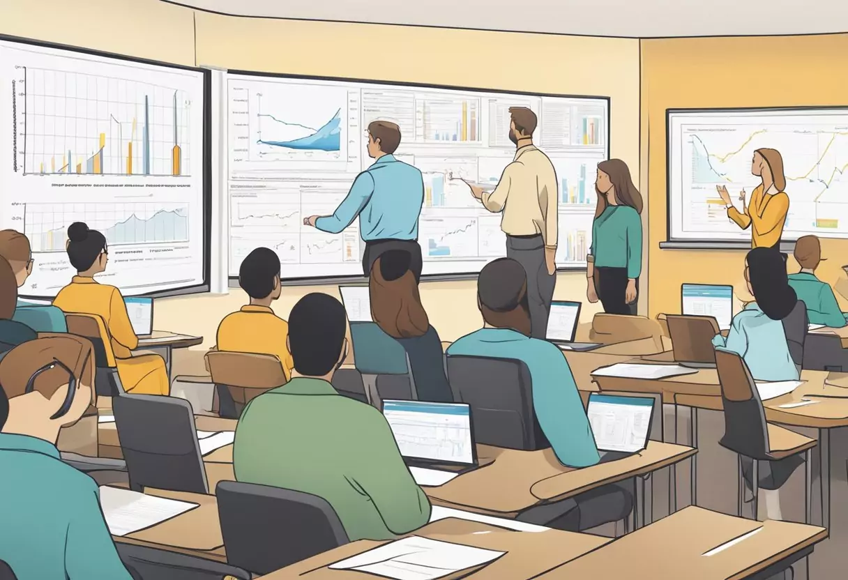 Ein Klassenzimmer voller Lehrer, die Versicherungsverträge von Nürnberger, DEVK und Signal Iduna vergleichen, mit Diagrammen und Grafiken, die an der Tafel angezeigt werden.