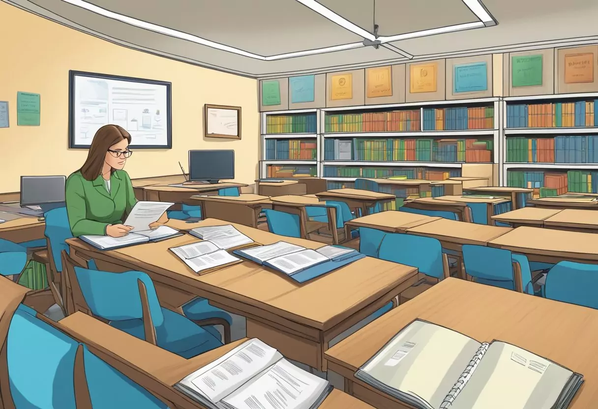 Ein Klassenzimmer mit drei Logos von Versicherungsgesellschaften an der Tafel, umgeben von Büchern und Lehrmaterialien. Ein Lehrer sitzt an seinem Schreibtisch und vergleicht Policendokumente.