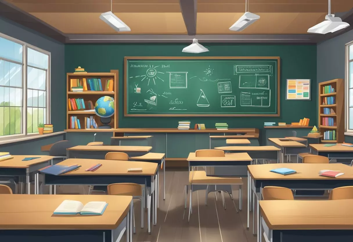 Ein Klassenzimmer voller Lehrer, Lehrbücher und Bildungsmaterialien. Drei Versicherungslogos auf einem Tafel angezeigt.