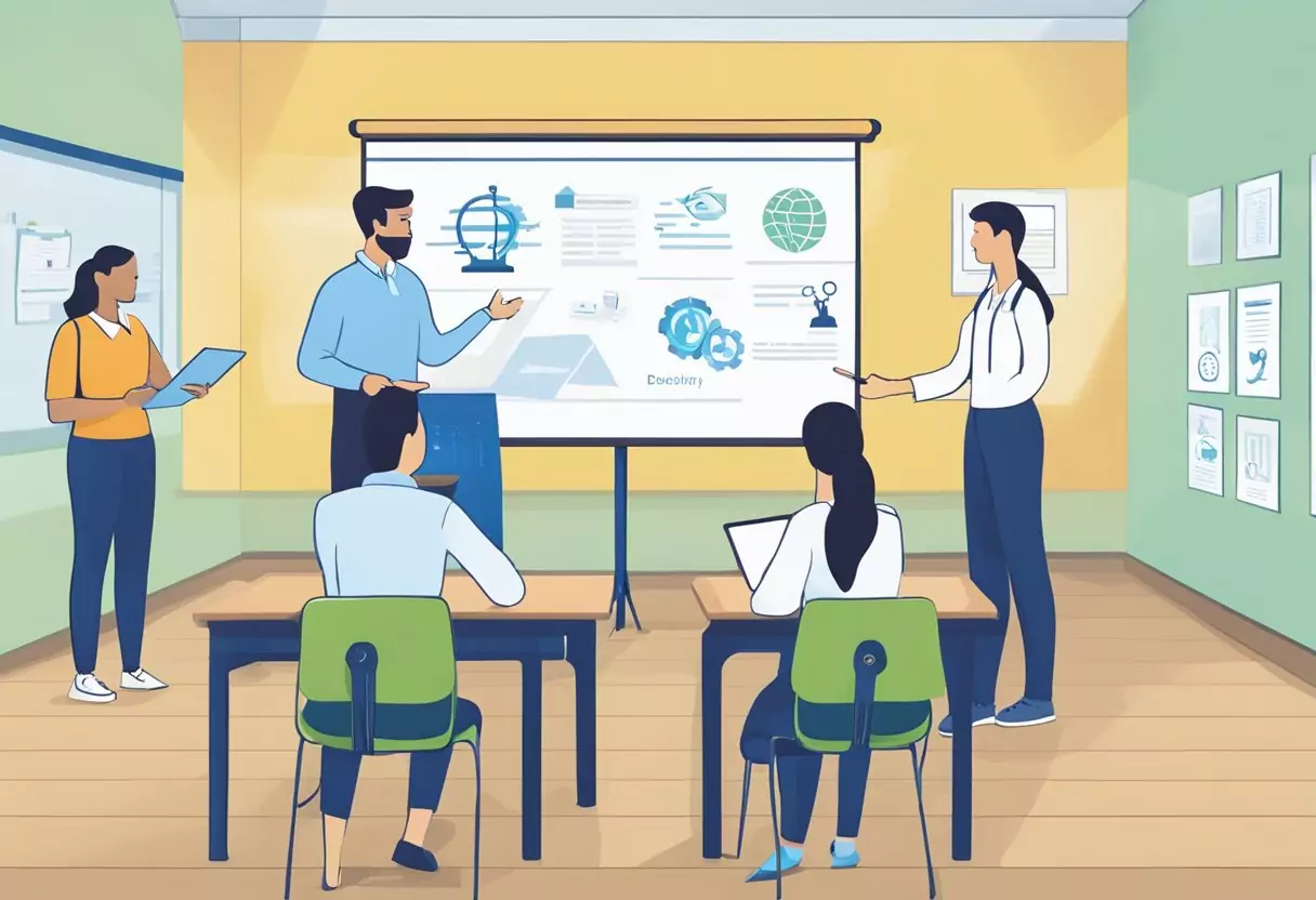 Ein Klassenraum mit drei Versicherungslogos, die an einem Tisch angezeigt werden und Nürnberger, DEVK und Signal Iduna repräsentieren. Ein Lehrer vergleicht deren Leistungen für eine Berufsunfähigkeitsversicherung.