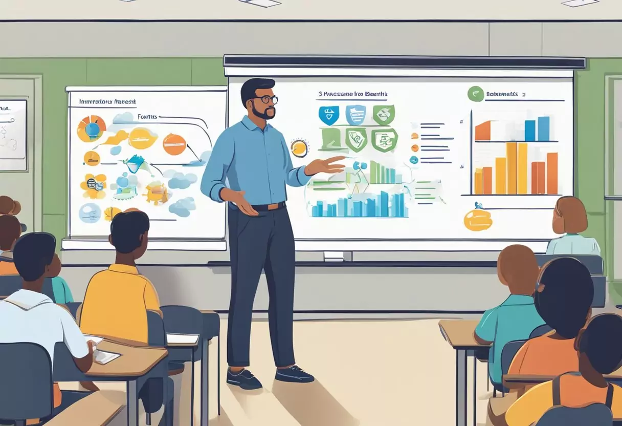 Eine Klassenzimmerszene mit drei Versicherungslogos, die an einem Whiteboard angezeigt werden, während ein Lehrer davor steht und die Vorteile jeder Police vergleicht und analysiert.