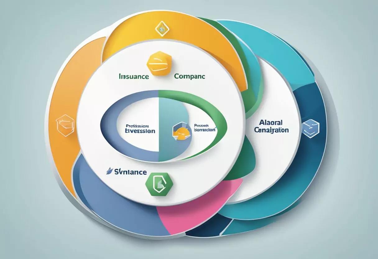 Drei Logos von Versicherungsunternehmen, angeordnet in einem Venn-Diagramm mit abstrakten Elementen, die sie verbinden und überlappen, was Vergleich und Umstrukturierung darstellt.